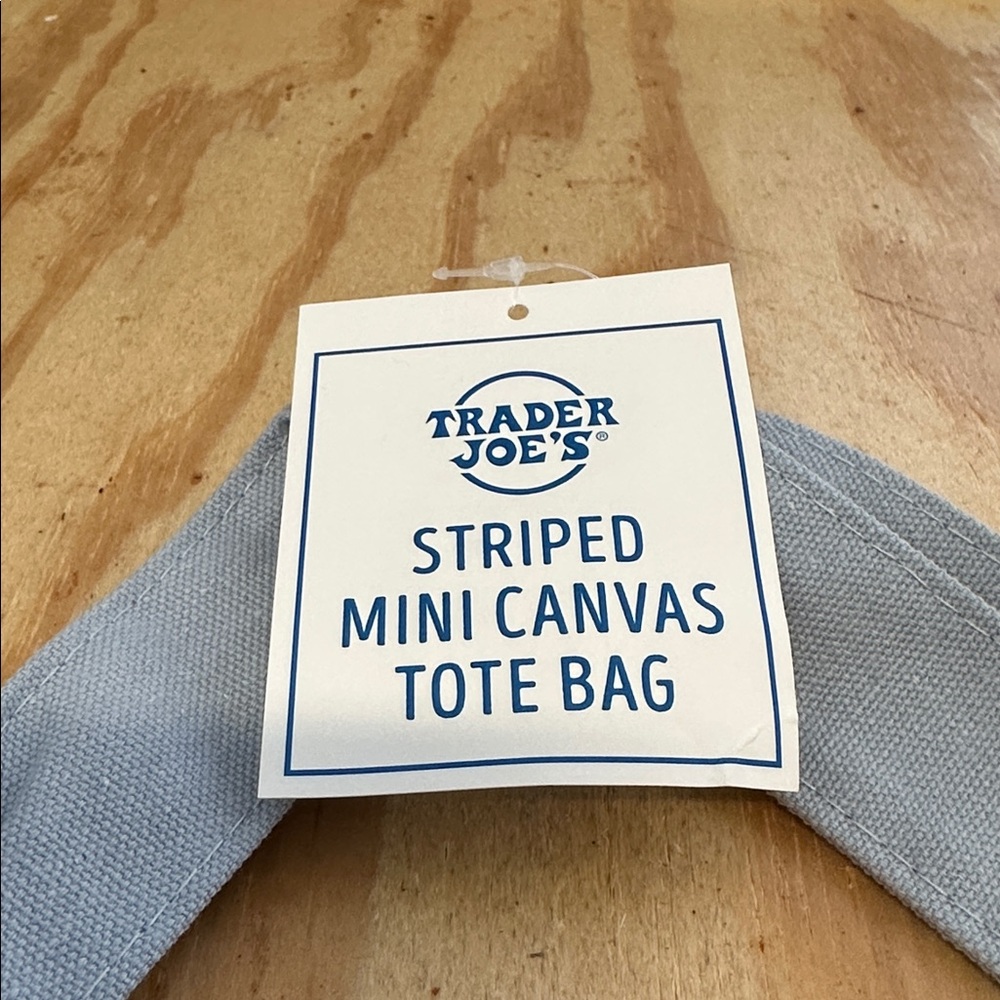 Trader Joe’s, mini pastel canvas tote bag in blue stripes - Picture 2 of 4